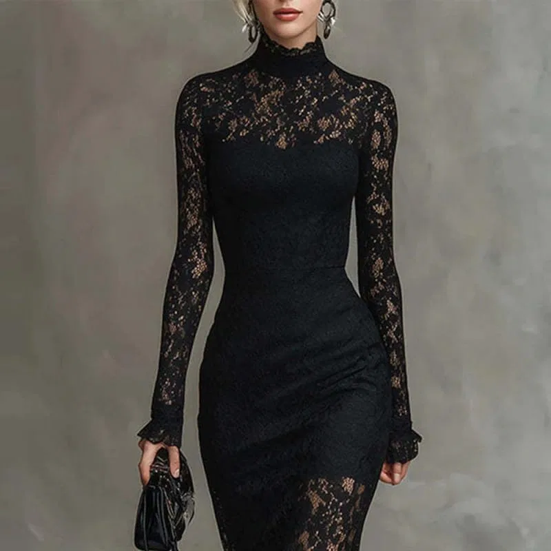 Женское элегантное кружевное макси-платье с длинным рукавом, Black — фото 3