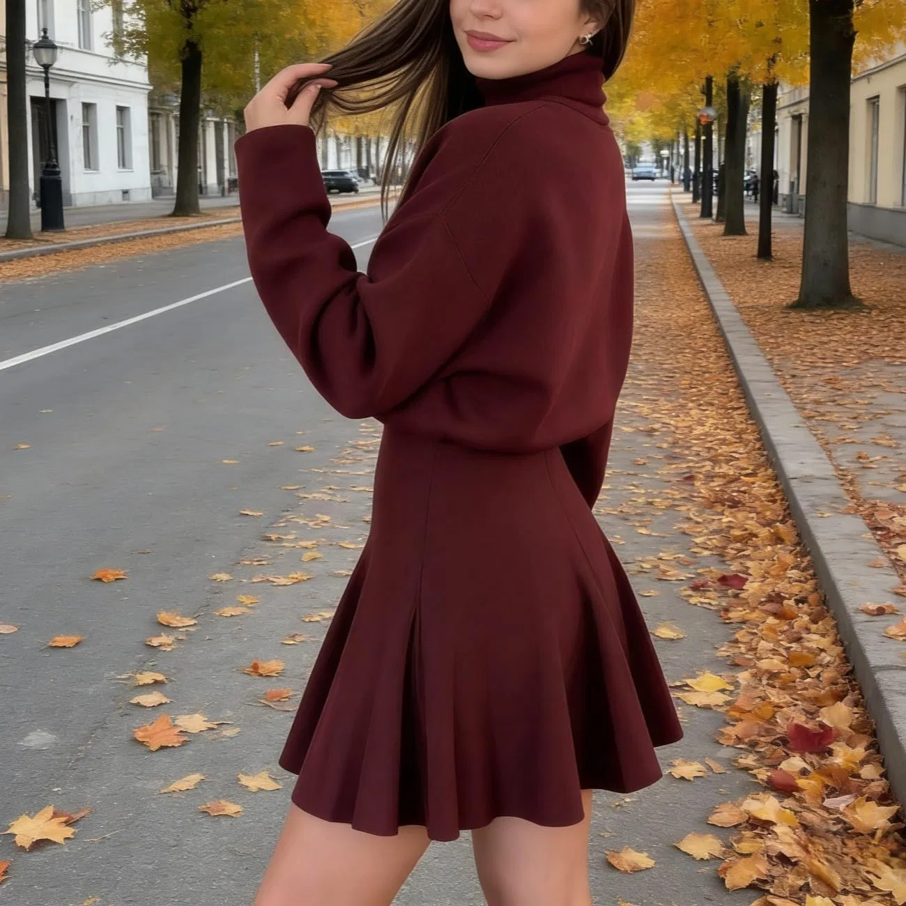 Женское мини-платье с воротником-стойкой и плиссированной юбкой, Khaki — фото 3