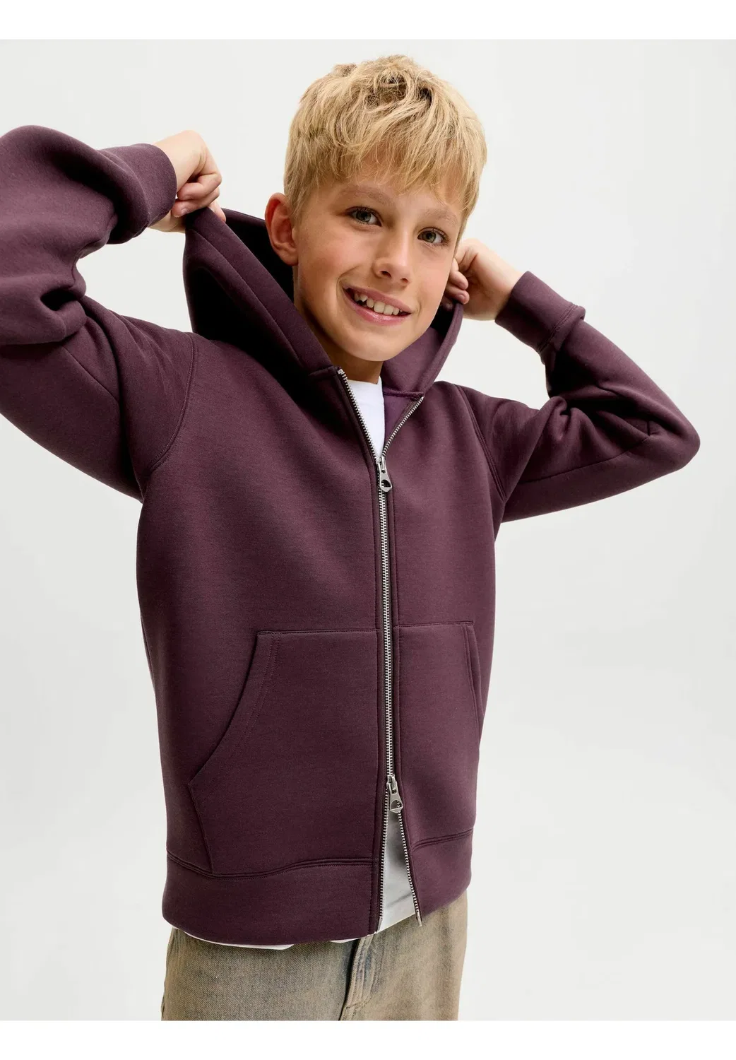 Толстовка с капюшоном, однотонная, для подростков - на молнии Jack & Jones Junior, Fudge — фото 4