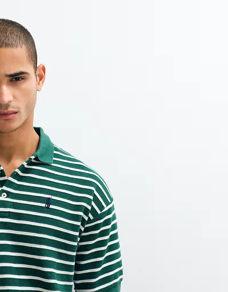 Вязаная поло Polo Ralph Lauren свободного кроя с коротким рукавом в полоску, зеленого - MGREEN — фото 3