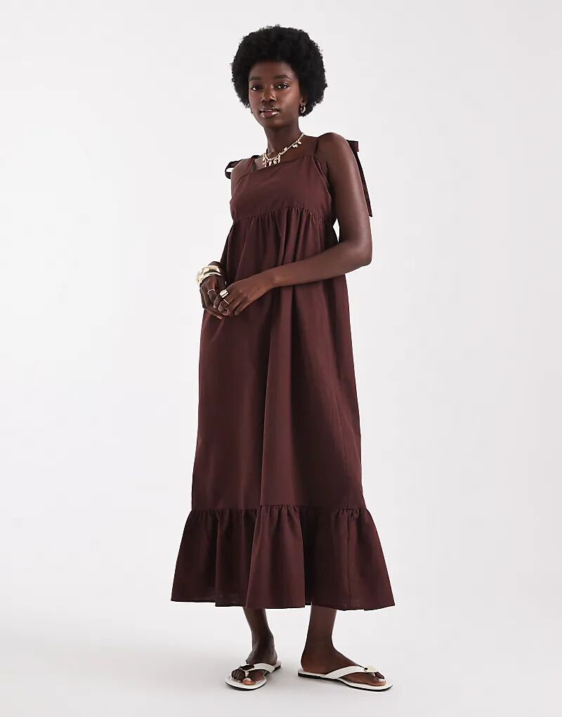 

Длинное платье Miss Selfridge из льняного кроя с завязками на плечах шоколадного цвета