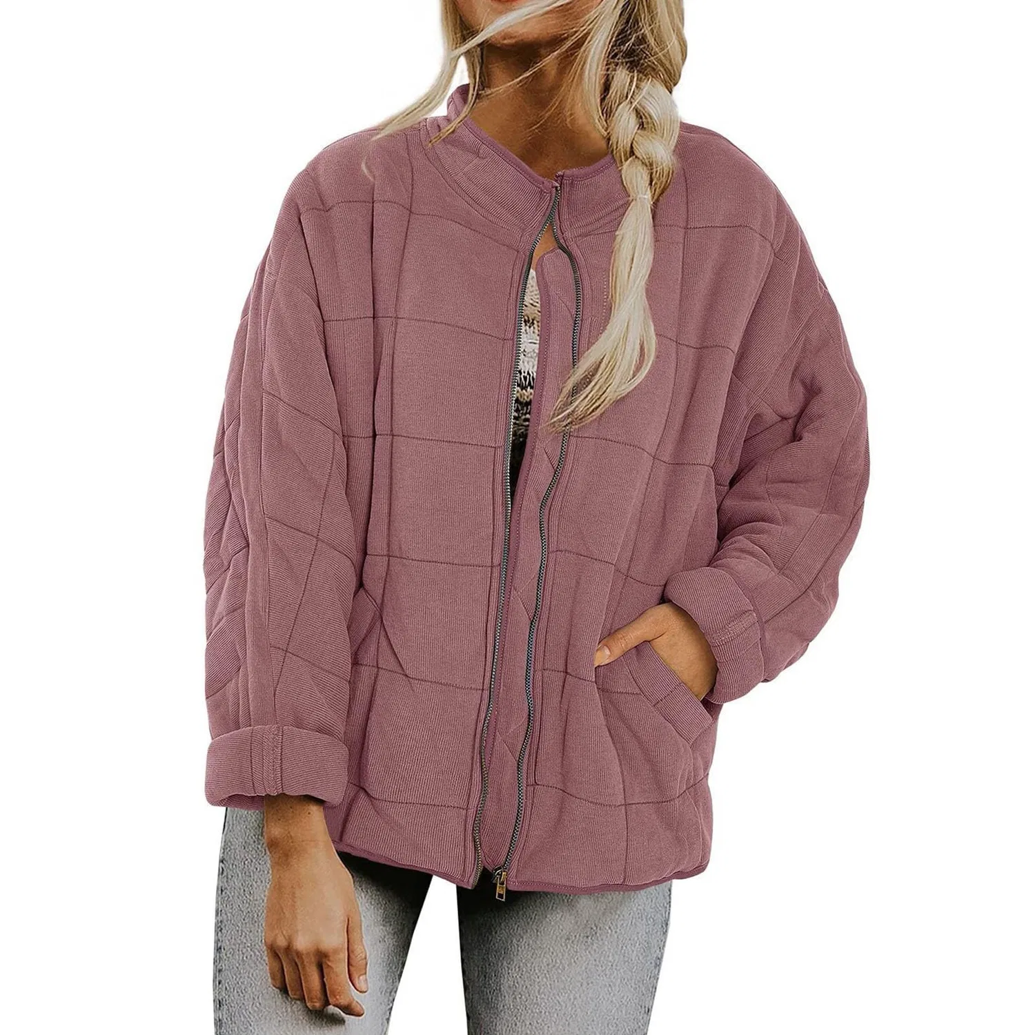 Женская куртка-бомбер с длинным рукавом Oversized Packable Lightweight Long Sleeve Full Zip Down Quilted Jacket, Pink
