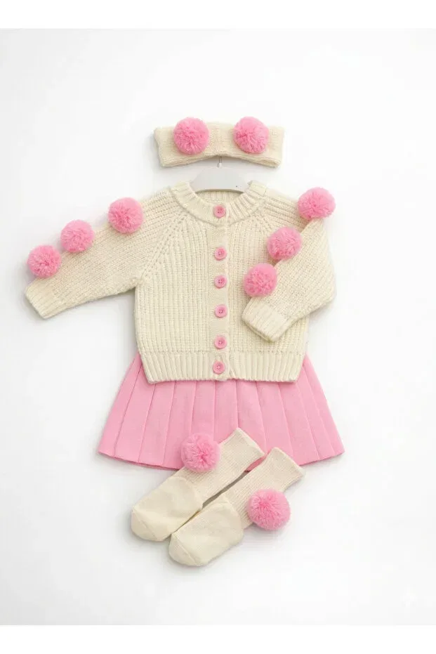Детский комплект для девочек вязаный Pompom Cardigan, Skirt & Socks Mihrumay, Pink — фото 2