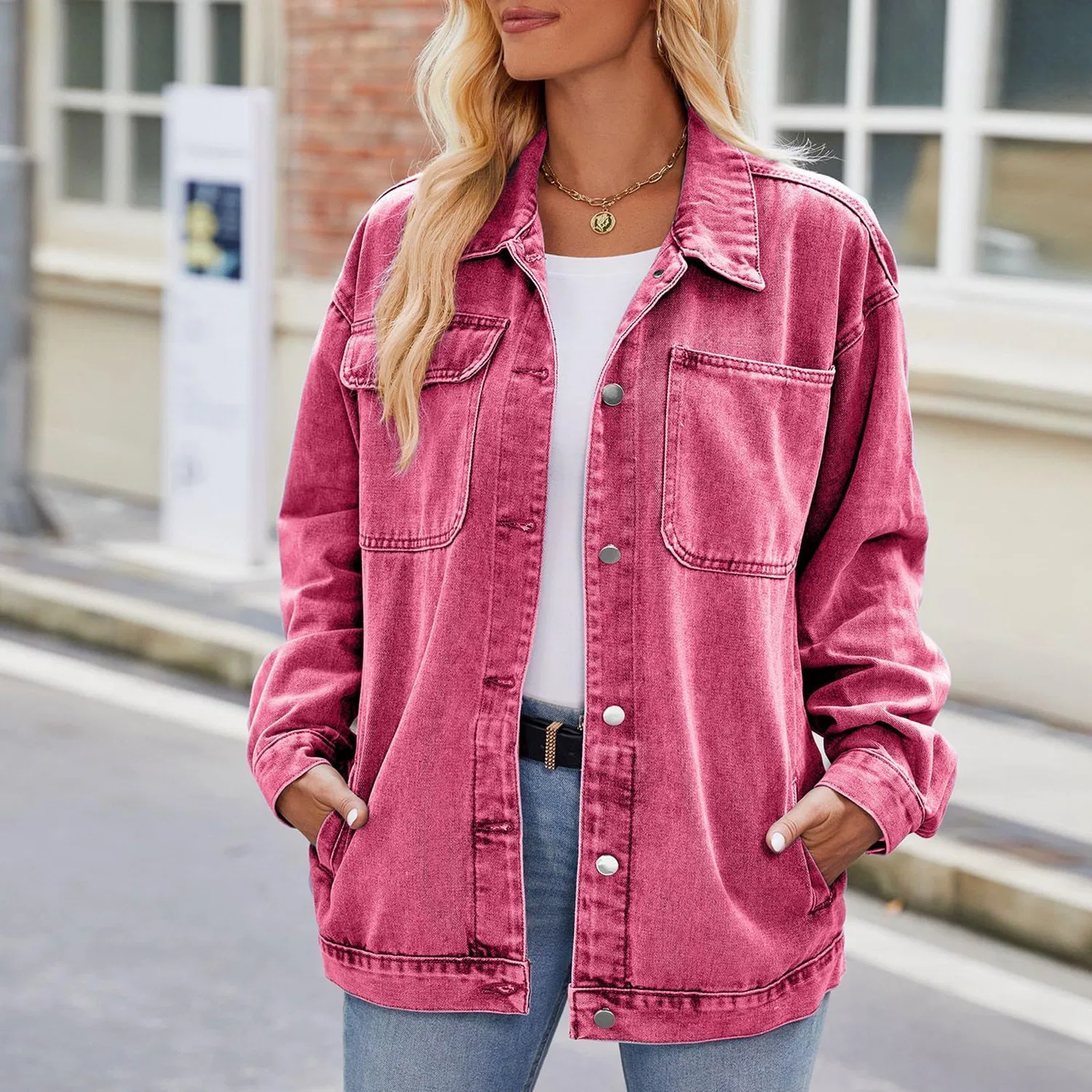 Женская джинсовая куртка с классической посадкой, модель Giacche in denim elasticizzato, rosa — фото 2