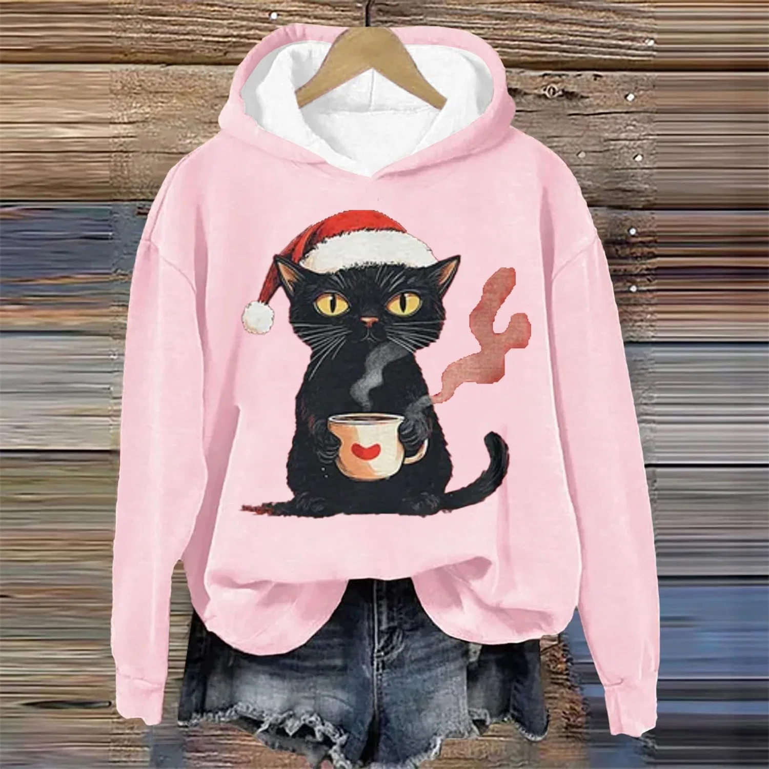 Женский свитшот с принтом Christmas Tree Funny Cat Say What Woman Pullover, Z21 Pink — фото 2