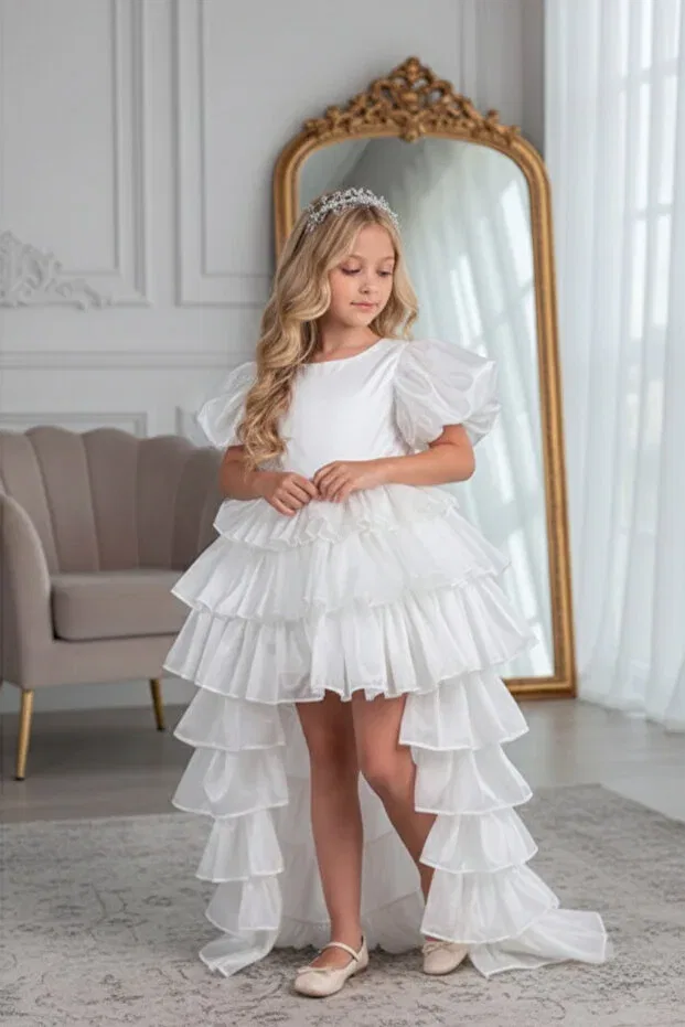 Детское вечернее платье для девочек с коротким рукавом Dream model crowned tailed white children's evening dress kids aby230 Abiyekids, White