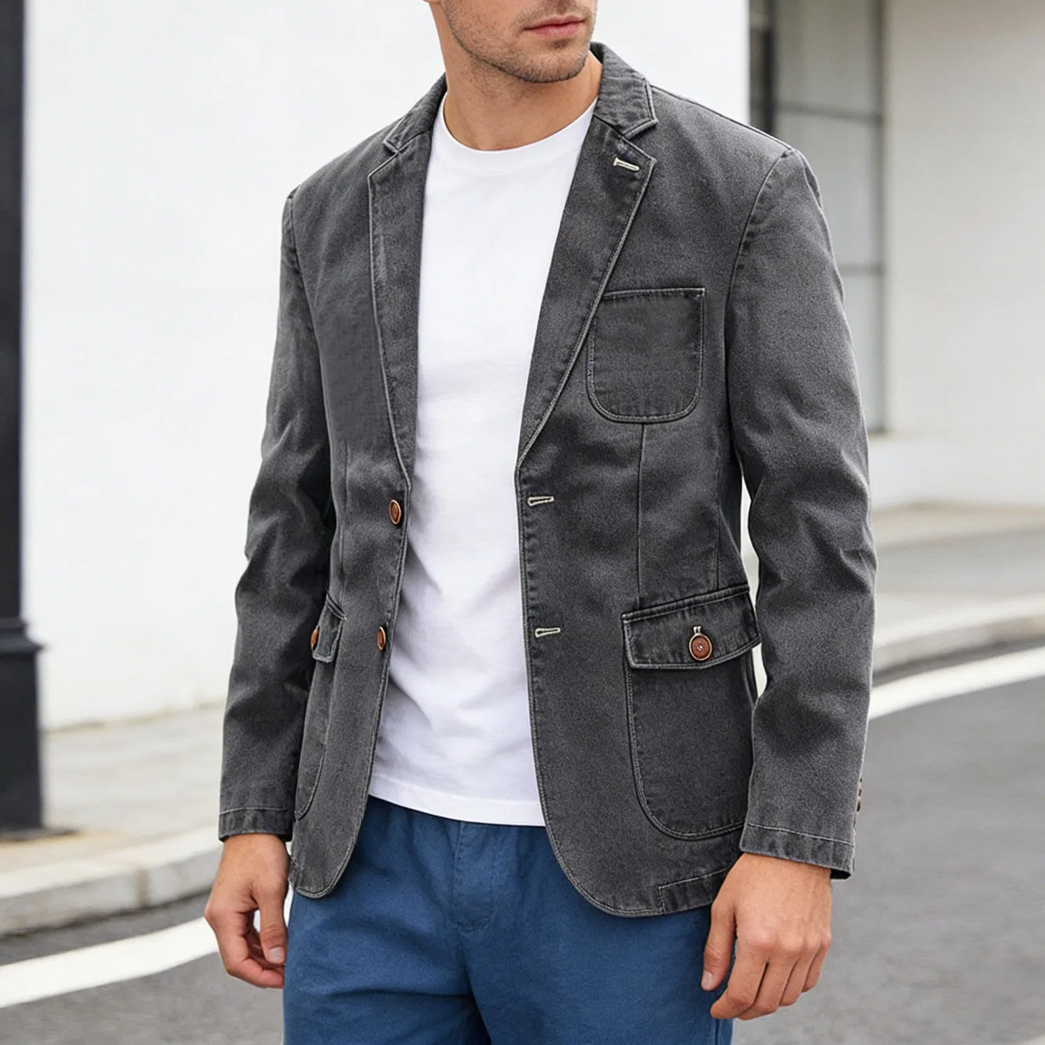 Мужское джинсовое пальто-блейзер с лацканами, модель Vintage Lapel, бренд, Grey — фото 3