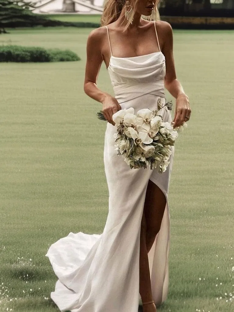 Женское свадебное платье V-образным вырезом A-line Satin, Ivory — фото 2
