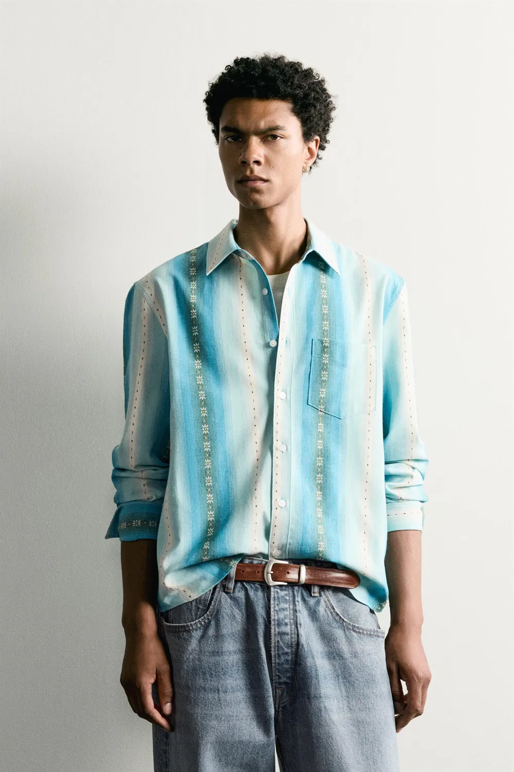 Рубашка из жаккарда в полоску свободного кроя ZARA, Blues — фото 2
