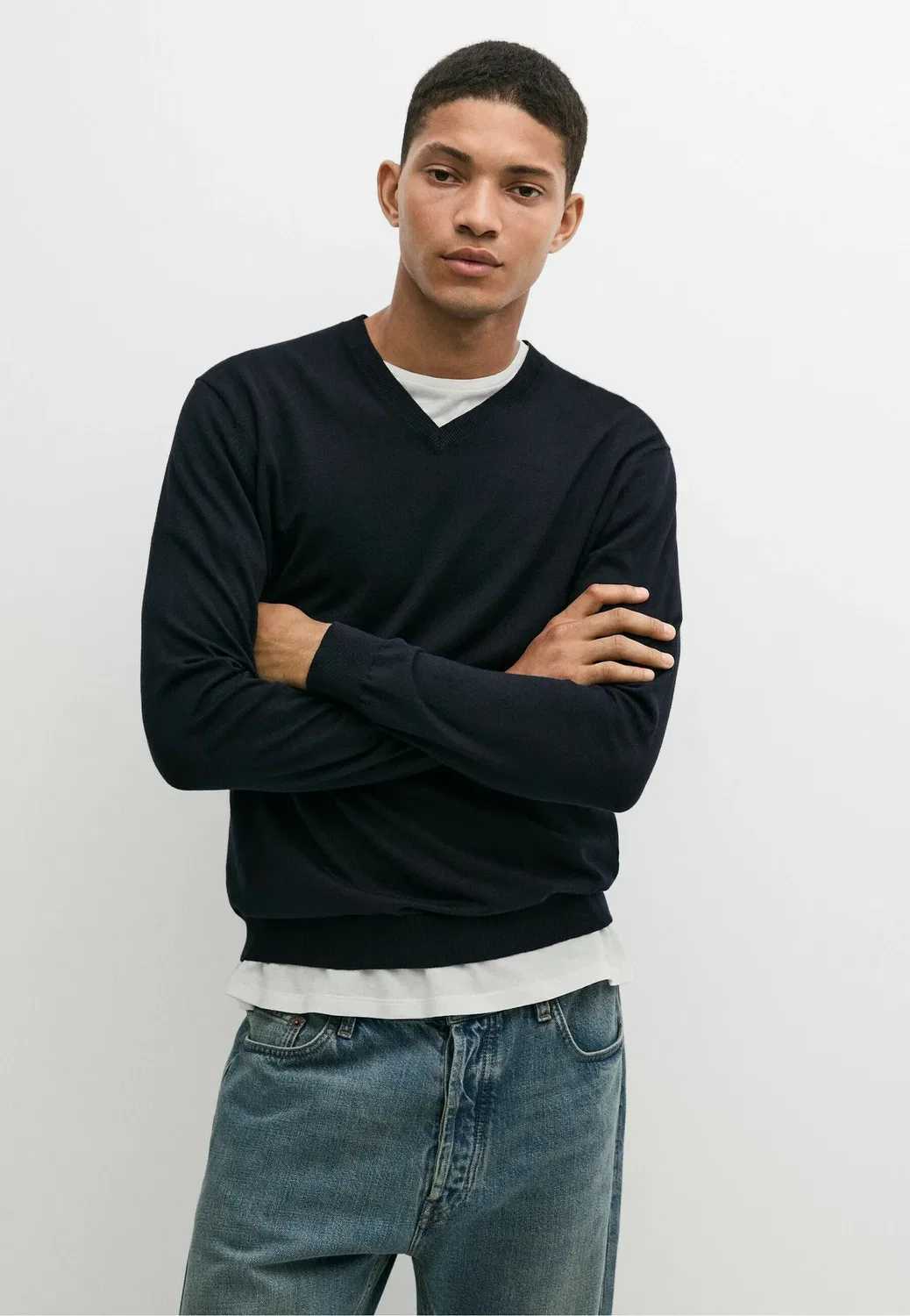 Вязаный свитер с V-образным вырезом Massimo Dutti, Dark Blue