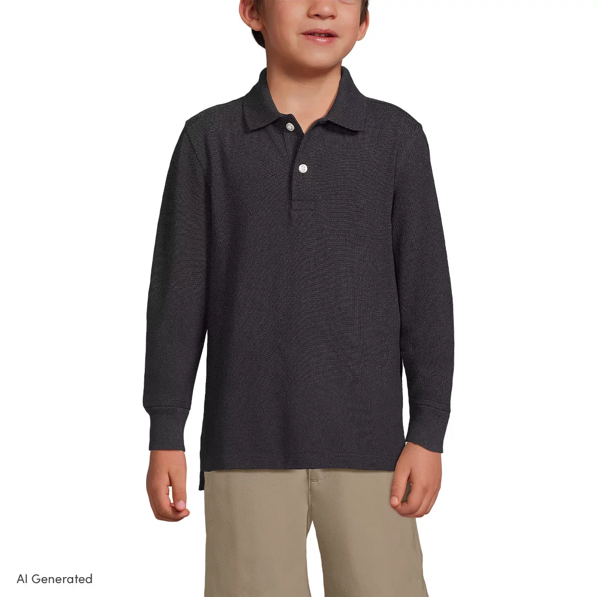 Детское поло для девочек с длинным рукавом School Uniform Mesh Polo Shirt Lands' End, Black — фото 4