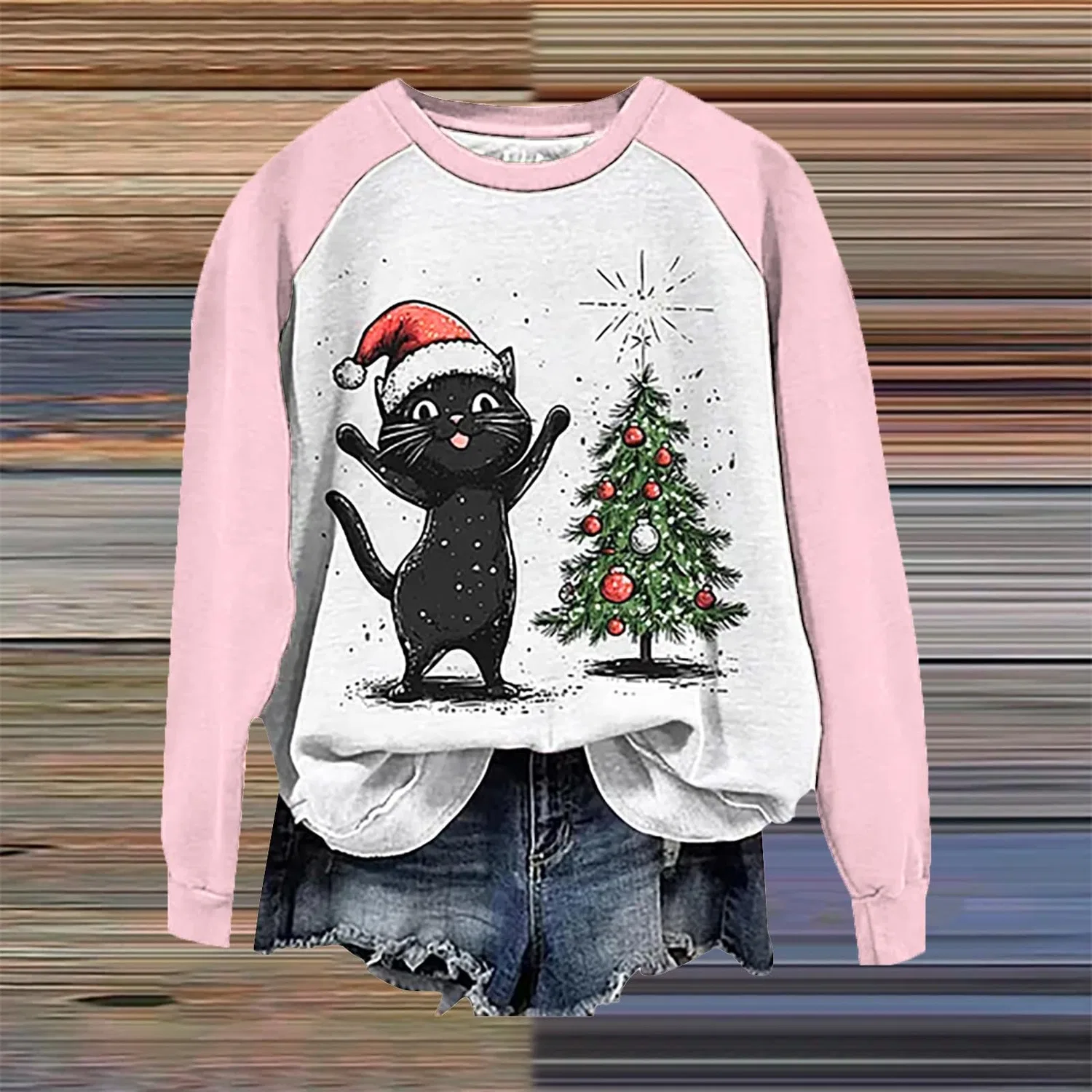 Женский свитшот с принтом Christmas Tree Funny Cat Say What Woman Pullover, Z12 Pink — фото 2