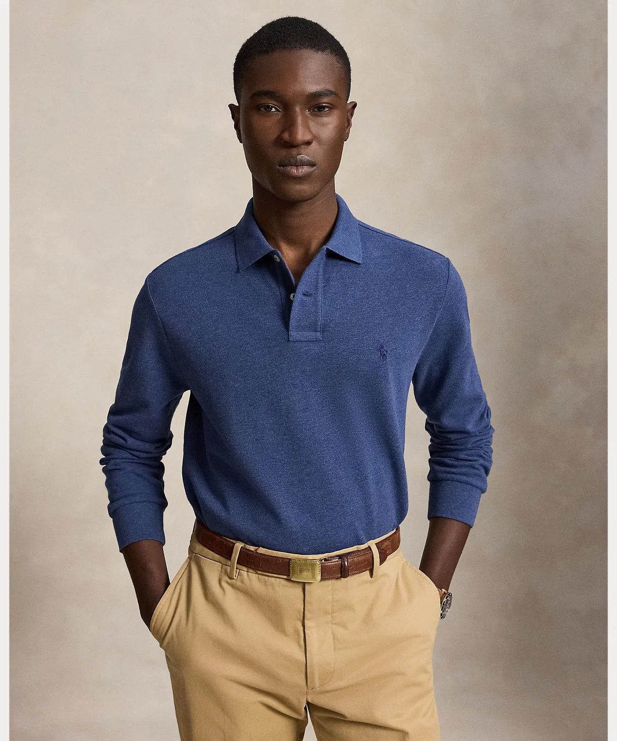 Мужская футболка-поло с длинным рукавом Custom Slim Fit POLO RALPH LAUREN, Синий