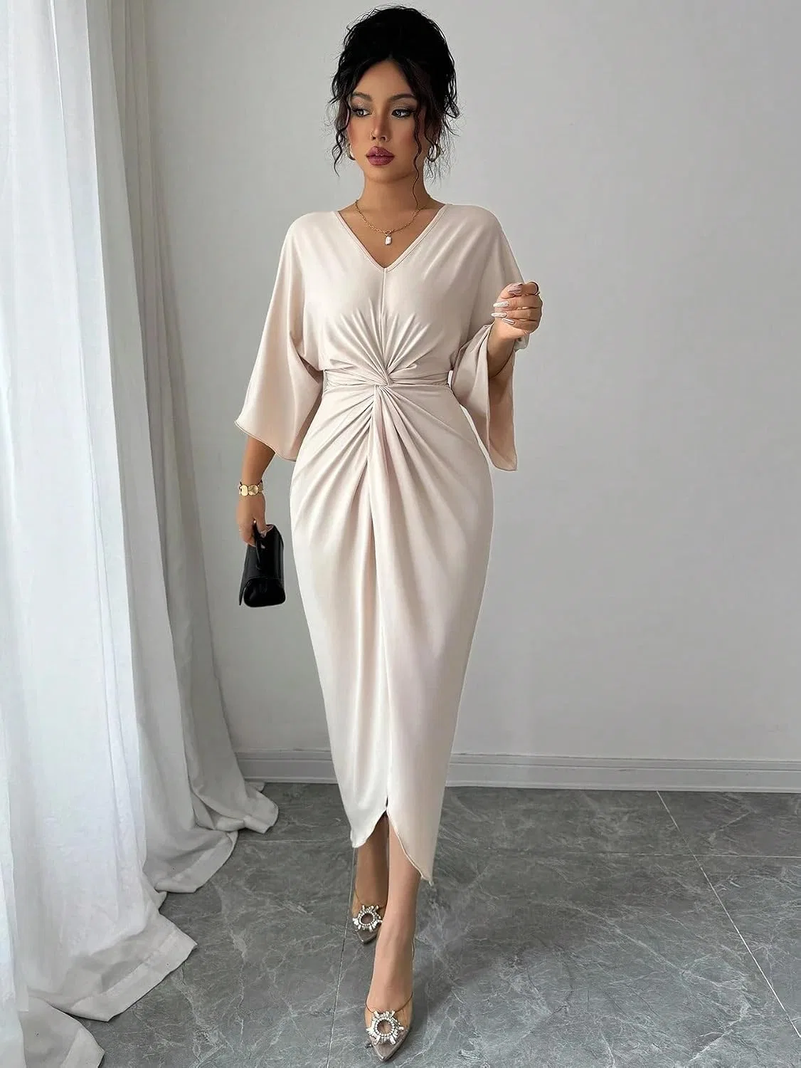 Женское облегающее платье миди с V-образным вырезом Twisted Design, Apricot — фото 4