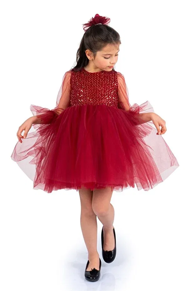Детское платье для девочек с пайетками Sequin tulle girls' dress 0285 bordo Mnk, Burgundy — фото 2