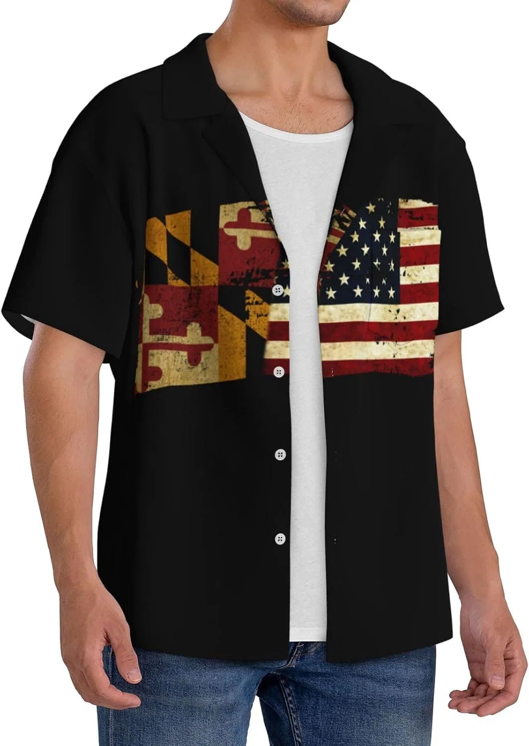 Мужская повседневная рубашка с кубинским воротником Marylander America Flag, Black — фото 2