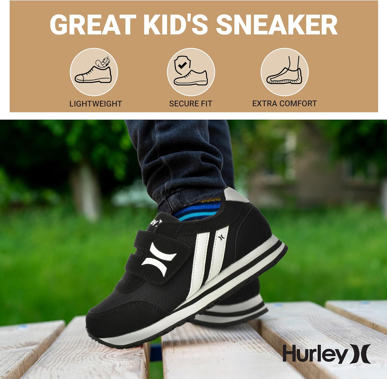 Детские кроссовки Hurley Kid's Knox для ходьбы - детские кроссовки с липучкой для легкого надевания, легкие обувь для бега и ходьбы для мальчиков и девочек, кроссовки для малышей, белый/черный — фото 3