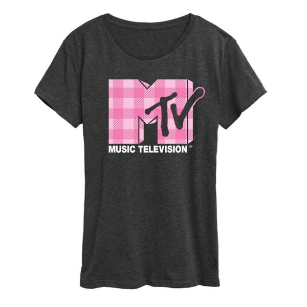 

Женская футболка MTV в розовую клетку с принтом Licensed Character, серый