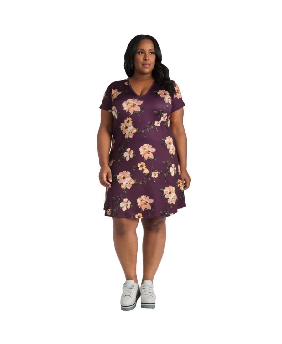 

Мини-платье-скейтер с цветочным принтом больших размеров Poetic Justice, Purple floral