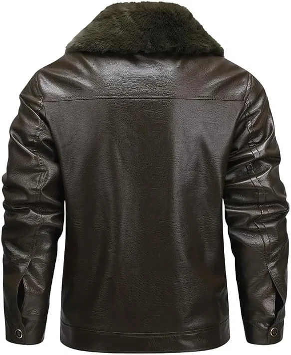 Мужская куртка из кожи на флисе, Biker Style Coat, тёмно-коричневый — фото 2