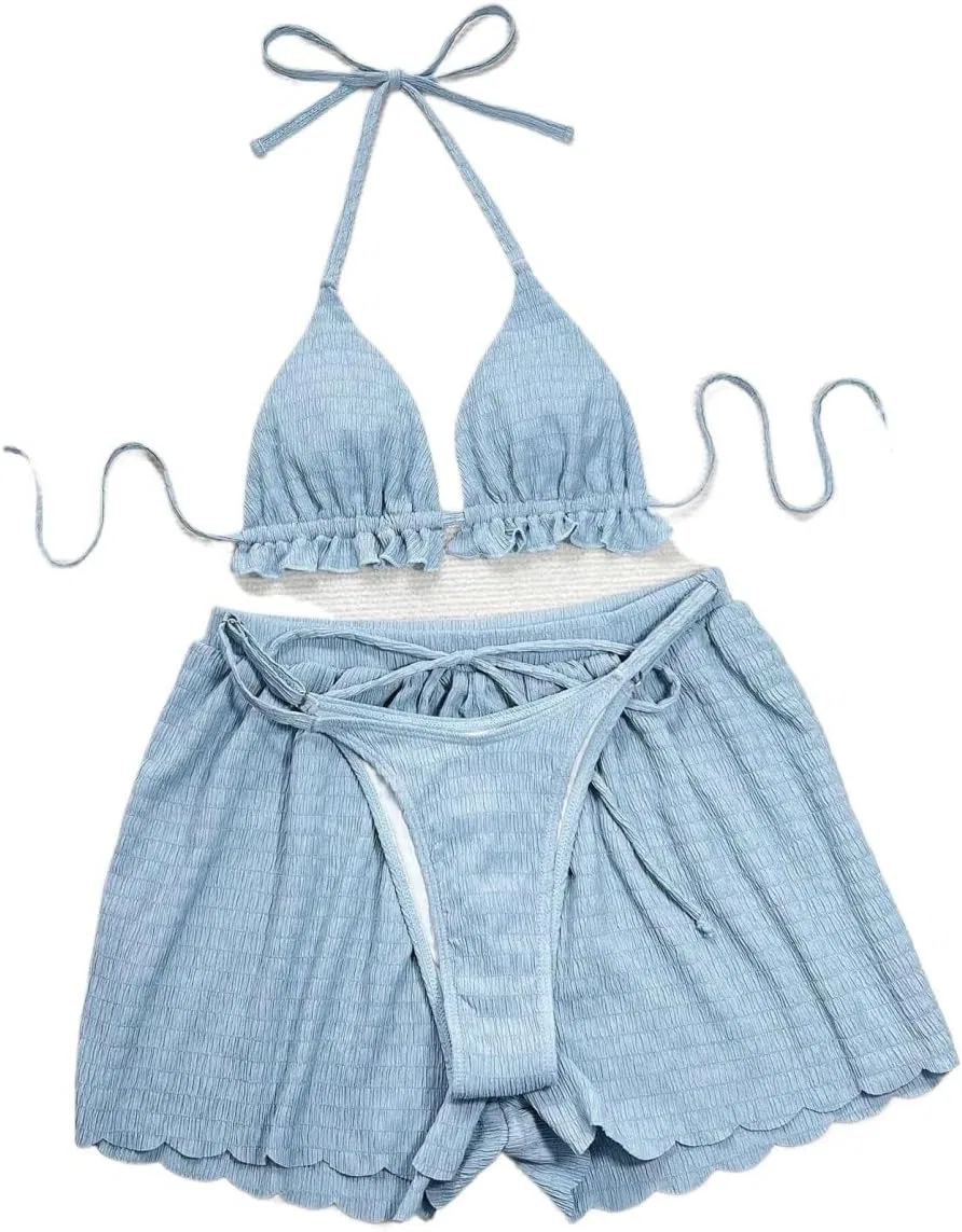 Женский 3-предметный бикини-сет с рюшами, Halter, Blue