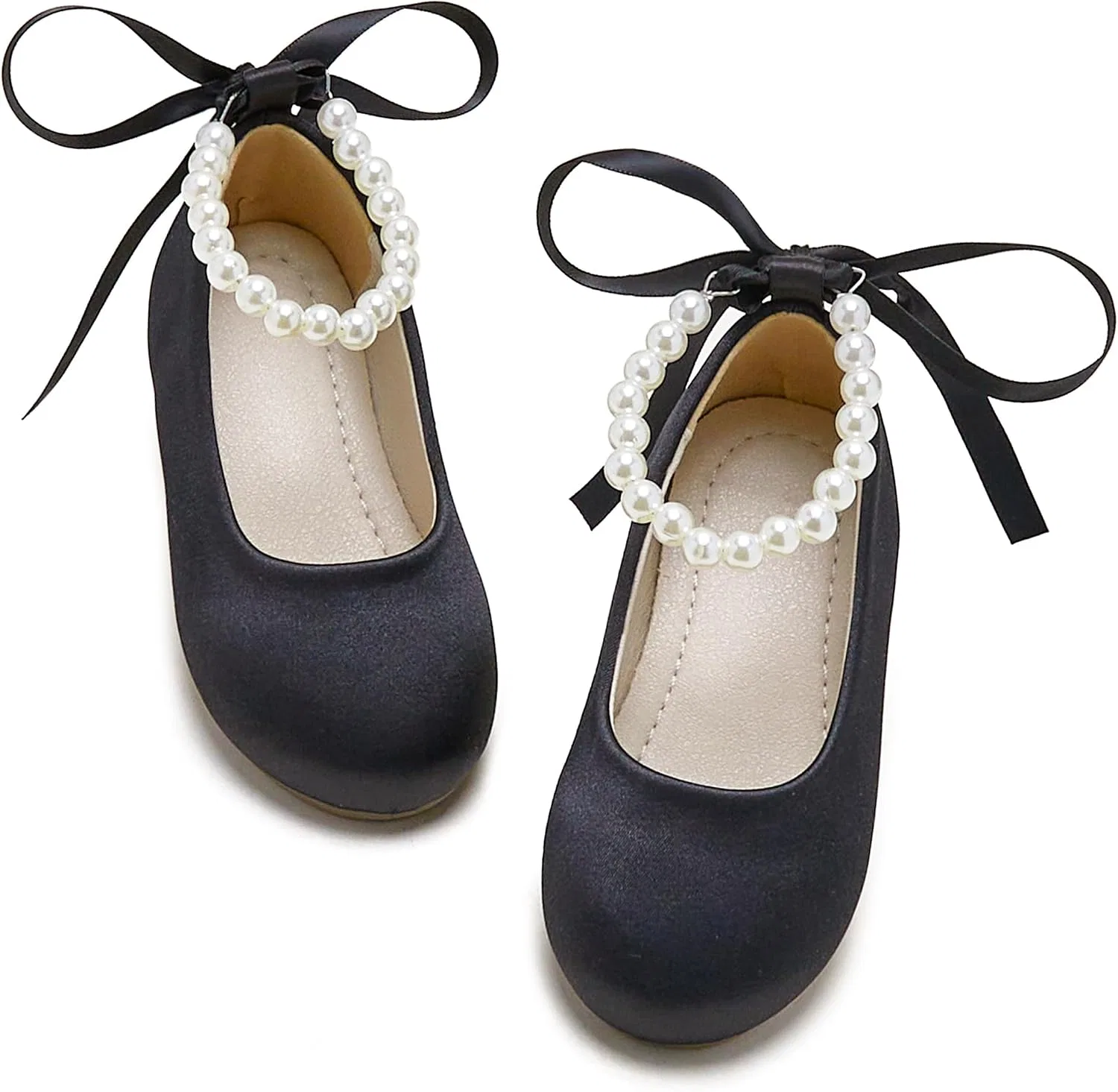 Детские туфли-балетки для девочек с жемчужным ремешком PHIRAMIN, Black Pearl Strap