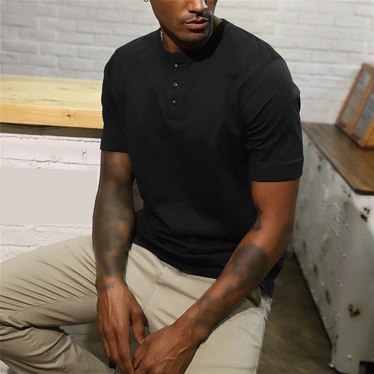 Мужская облегающая футболка с воротником-стойкой Athletic Basic Henley, Black — фото 2