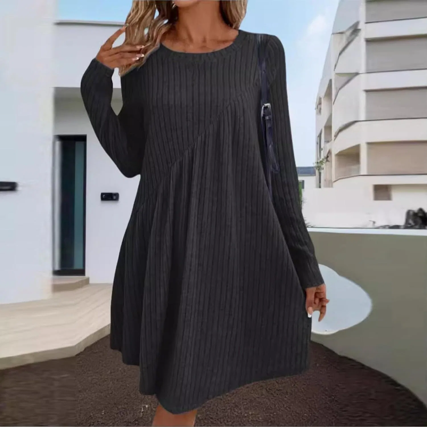 Женское платье-свитер свободного кроя Knit Round Neck, D001-black — фото 2