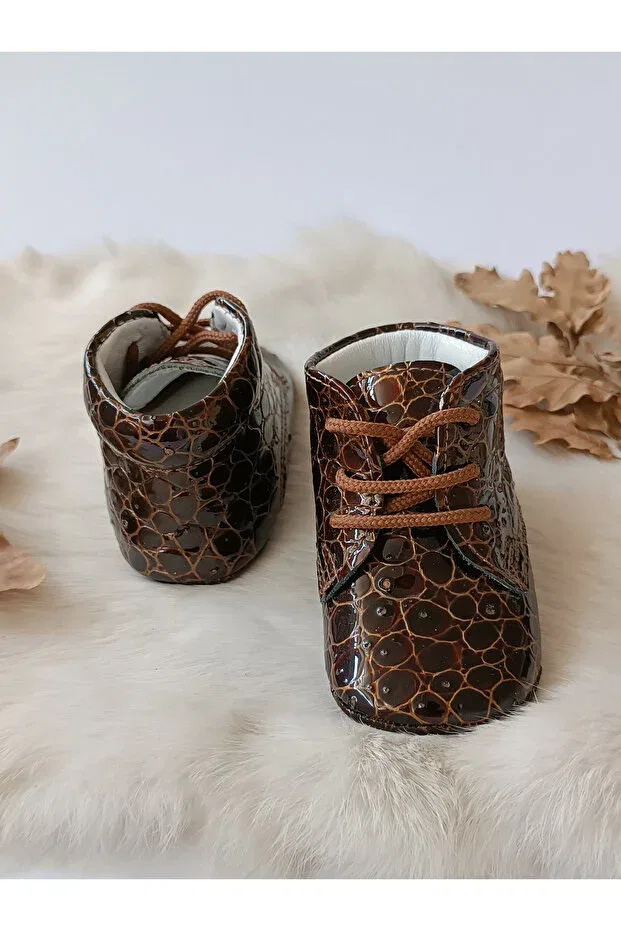 Детские ботиночки для девочек из натуральной кожи Printed brown genuine leather baby booties Hodore, Printed Coffee — фото 4