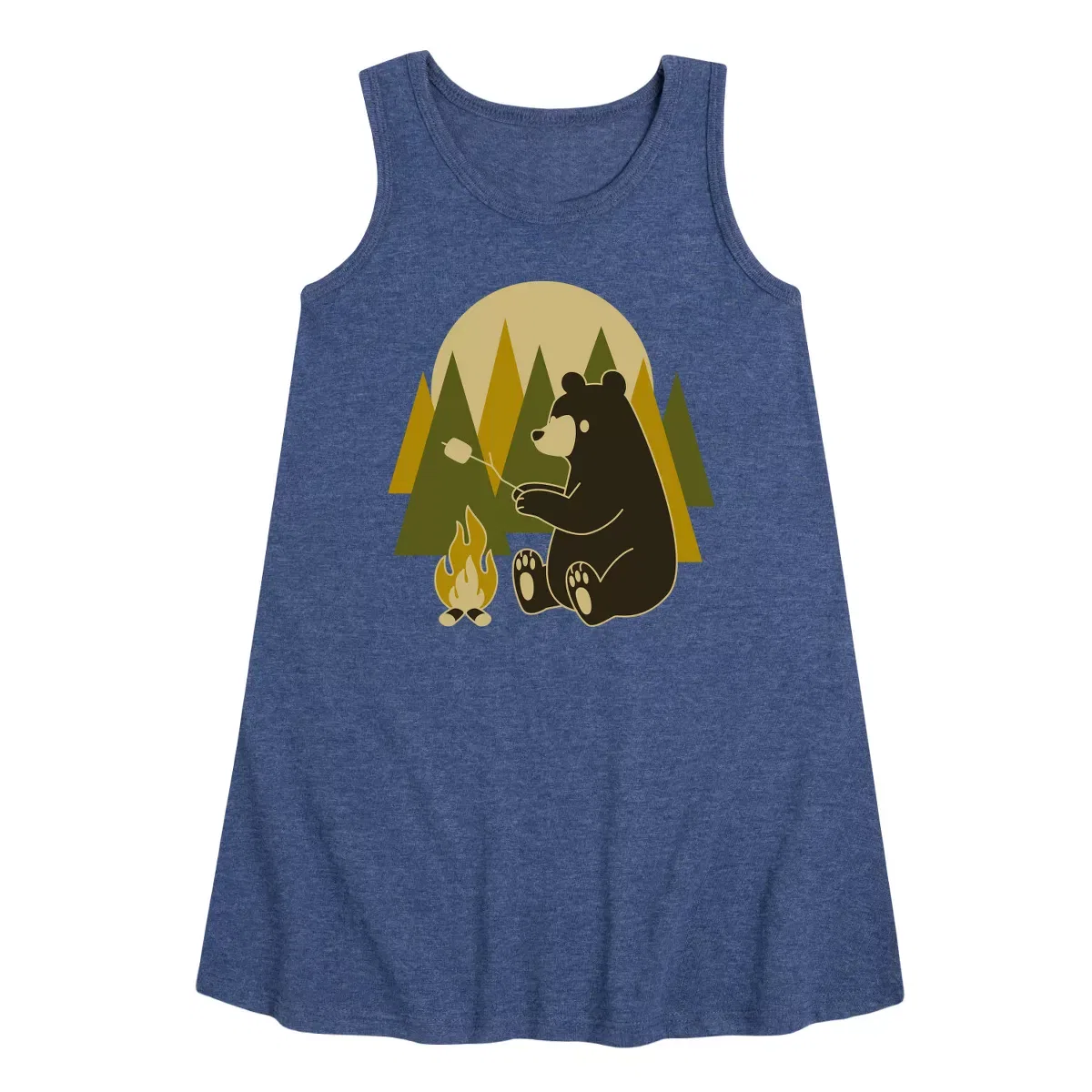 Детское платье-трапеция без рукавов Bear Roasting Marshmallows Instant Message, Heather Navy