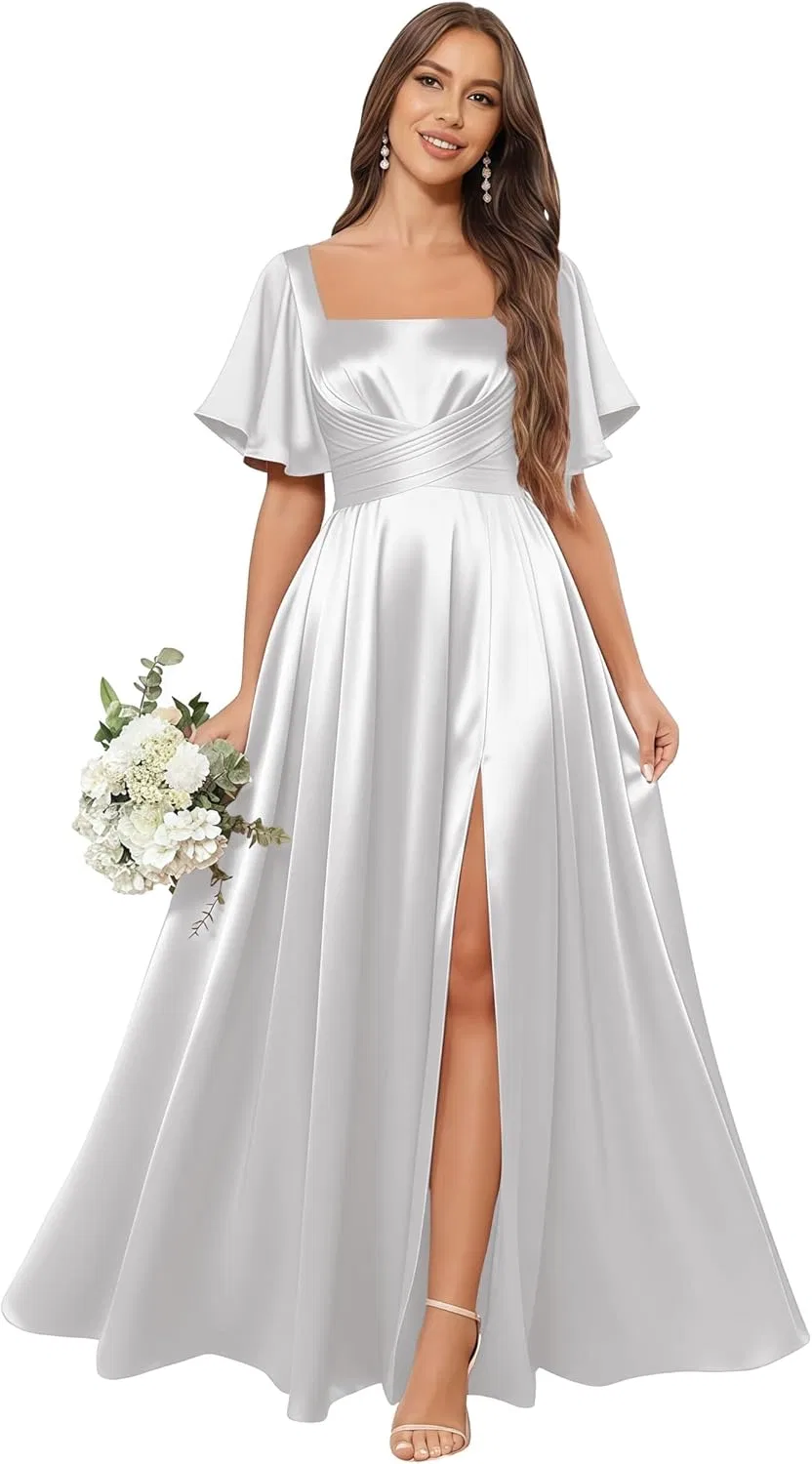Женское вечернее платье с квадратным вырезом и разрезом Satin, White