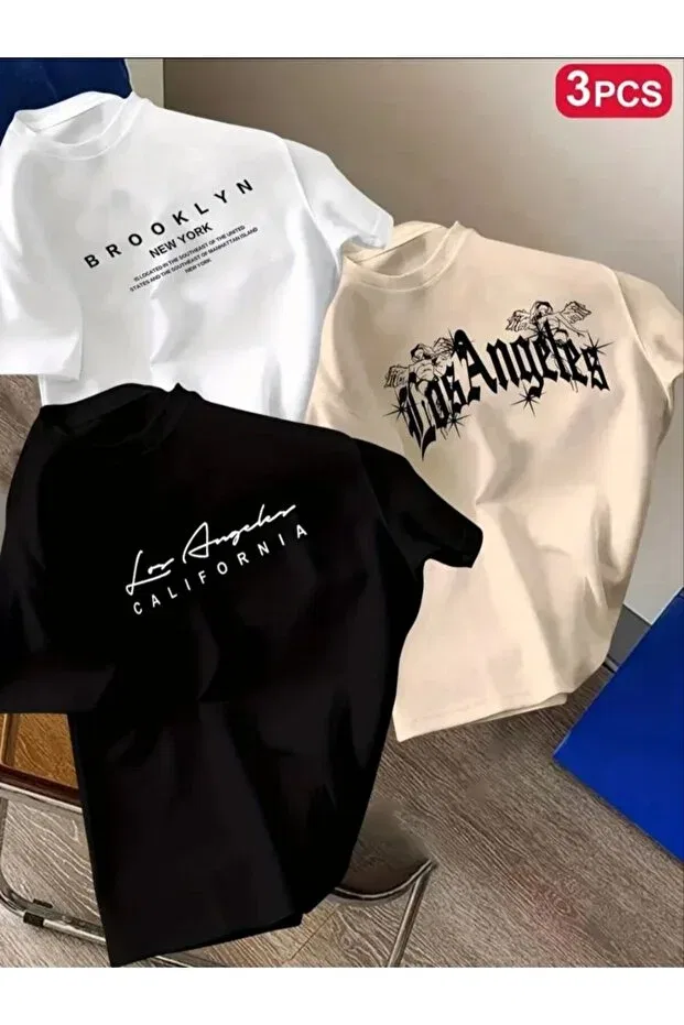 Детский комплект футболок оверсайз с принтом Elan Wear, Beige + Black + White