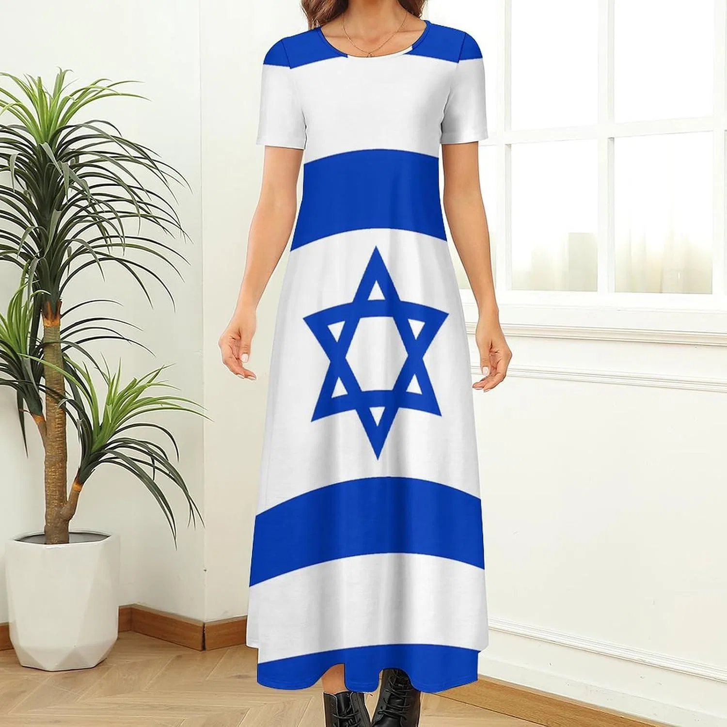 Женское летнее макси-платье с коротким рукавом, круглым вырезом, Israel Flag Israeli Star, Style — фото 2