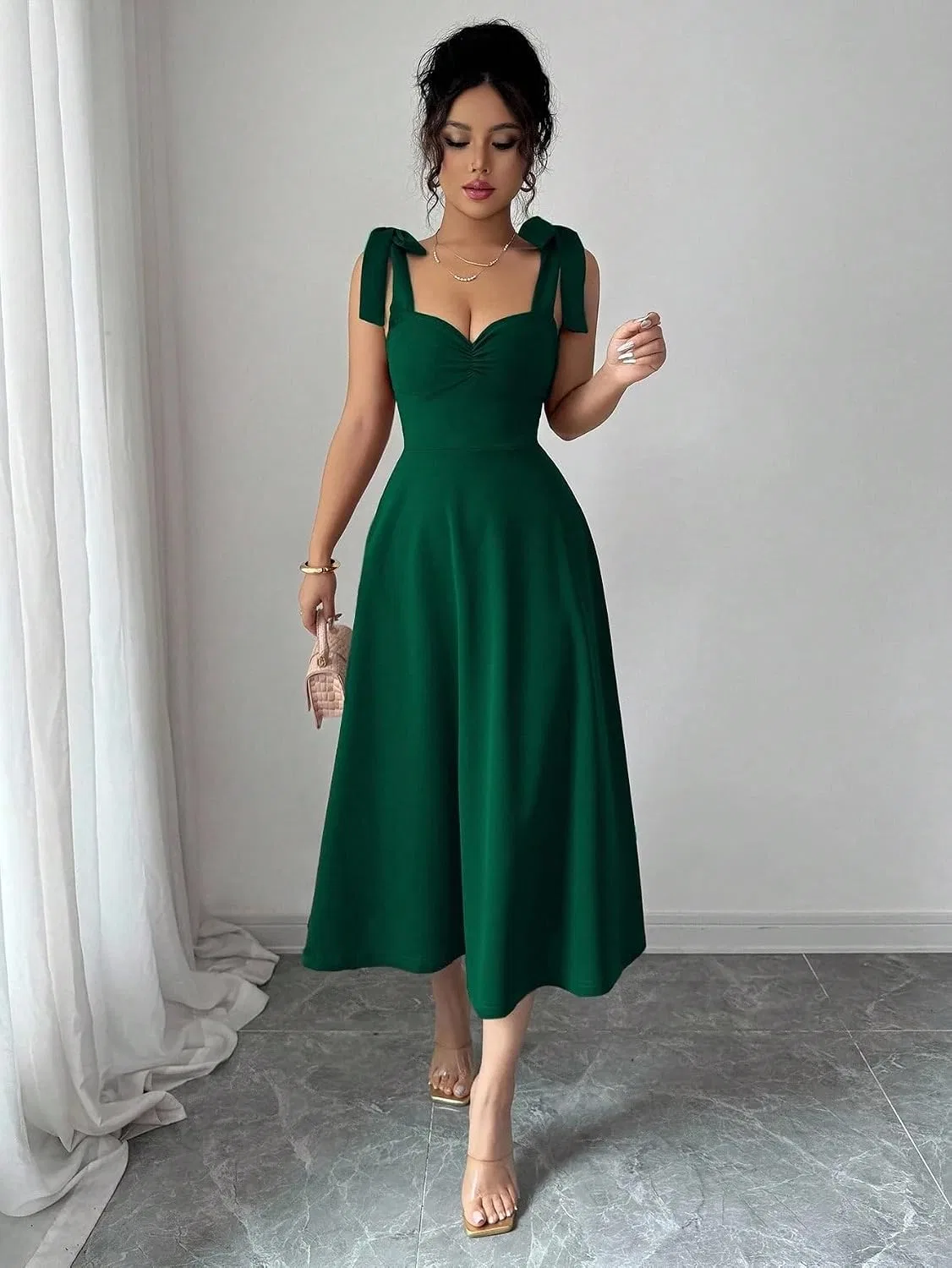 Женское элегантное платье миди на бретелях, Dark Green — фото 2