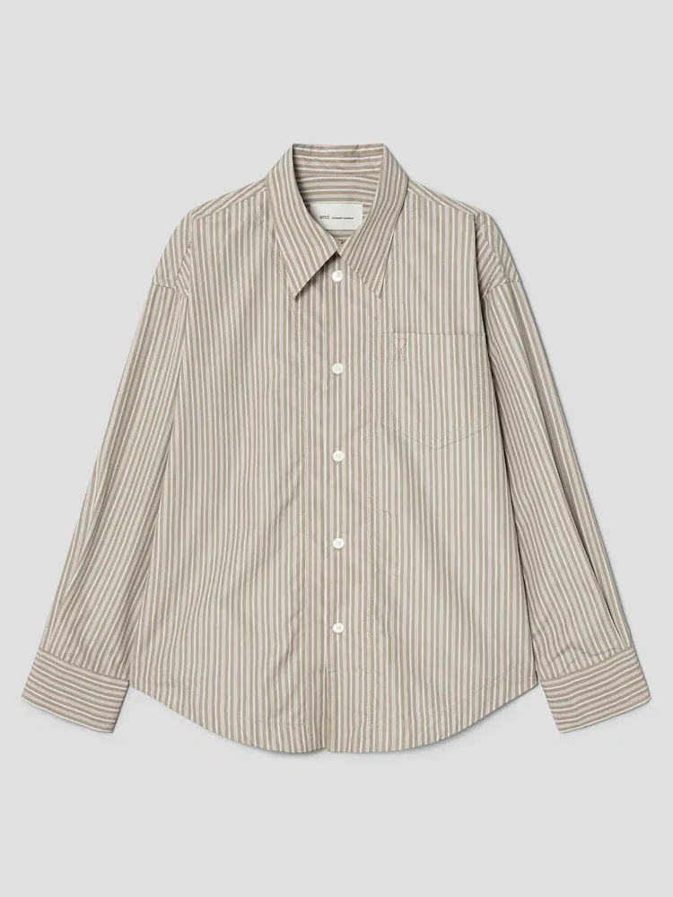 Рубашка длинная свободная с острым воротником, Ami De Coeur AMI PARIS, Beige Taupe/Blanc