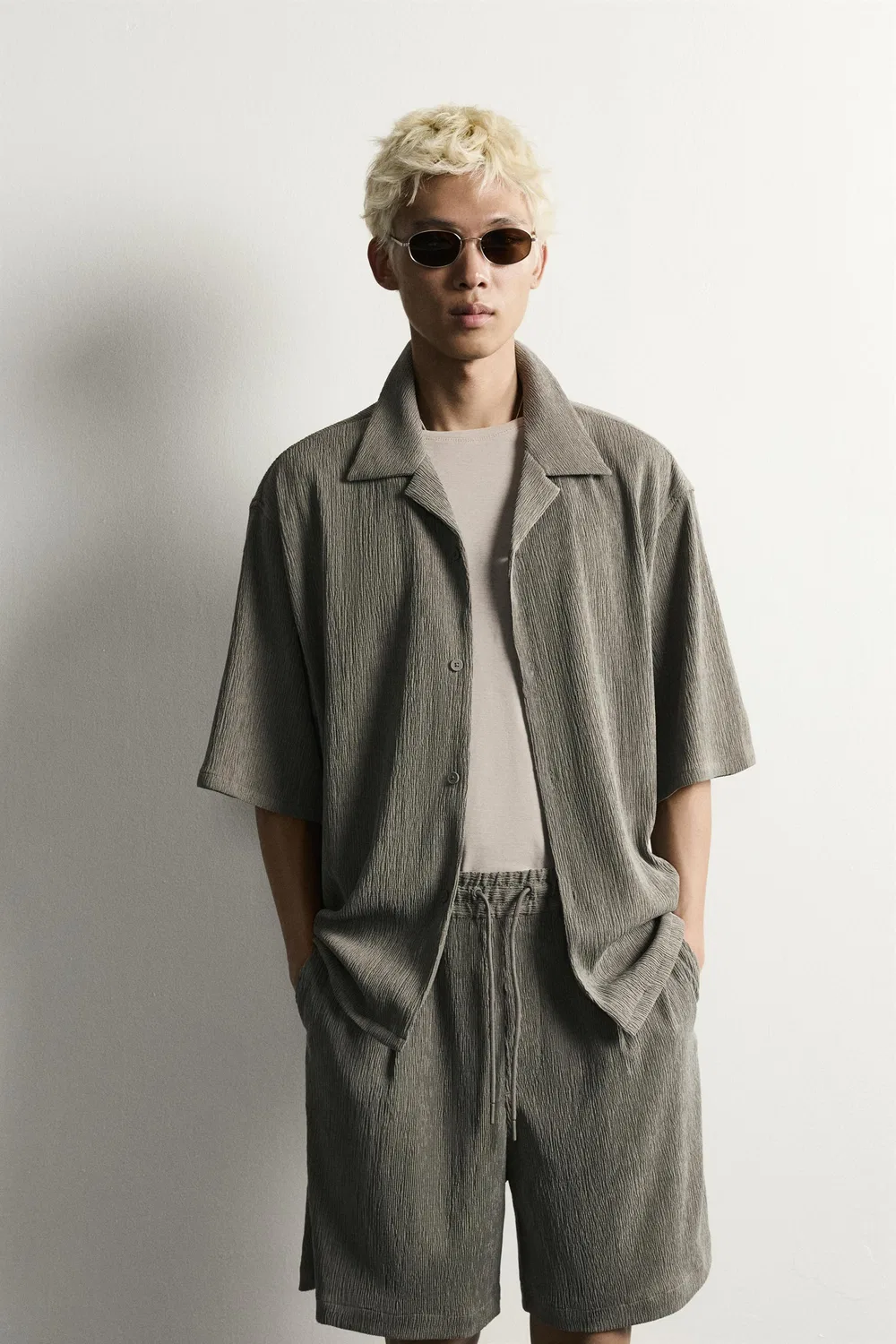 Текстурированная рубашка свободного кроя ZARA, Light khaki — фото 2