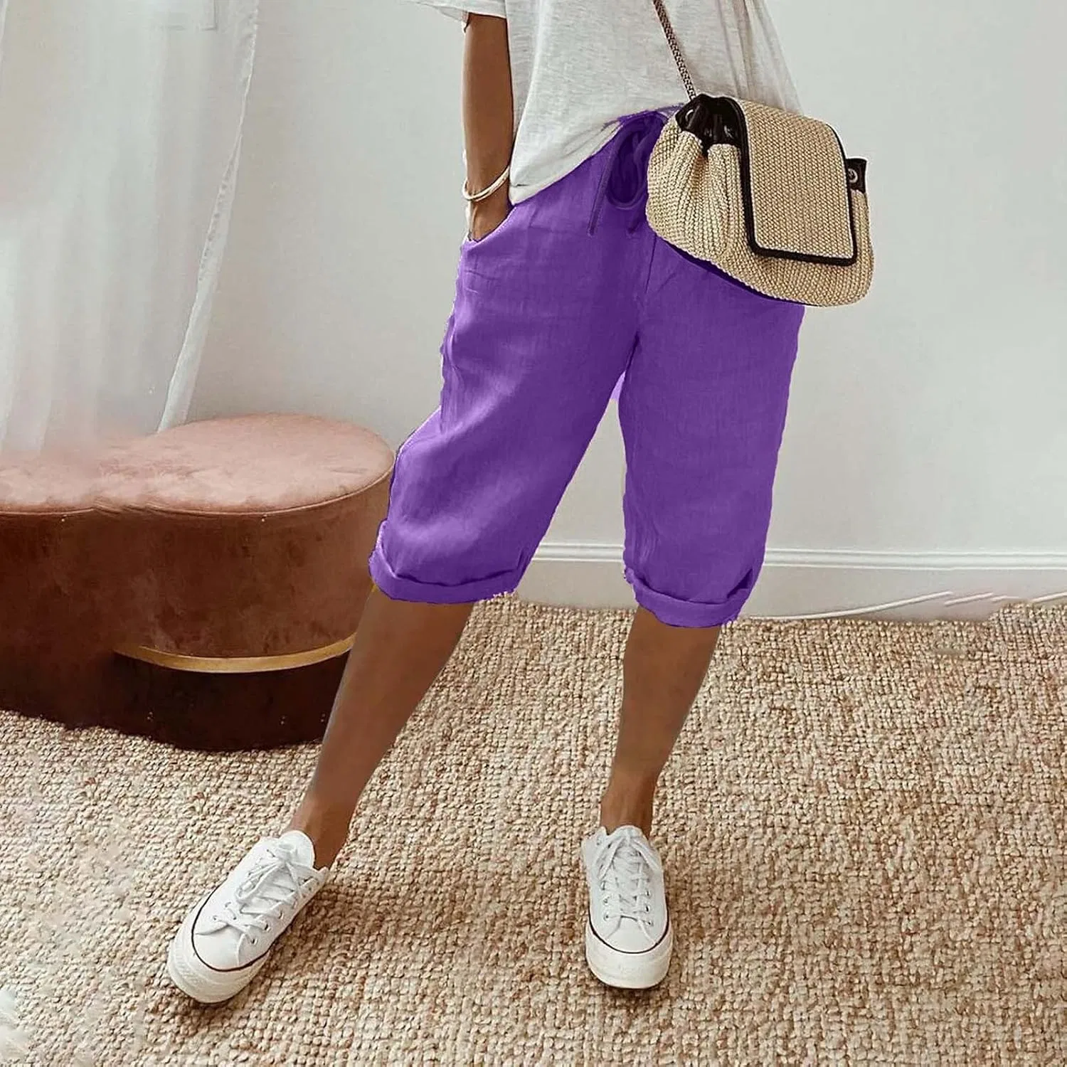 Женские шорты бермуды высокой посадки из льна с хлопком RONGLIYI, Purple — фото 2