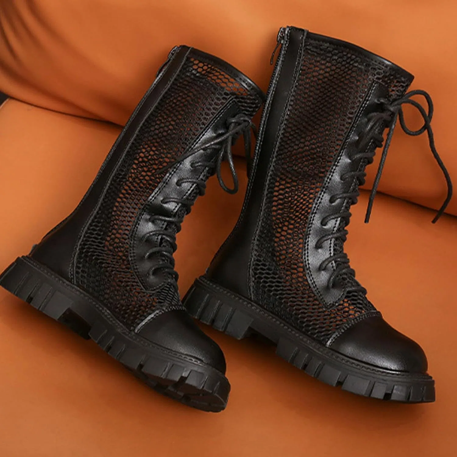 Детские ботинки для девочек с сеткой и шнуровкой Combat Boots TMSNGLSMI, Black — фото 3