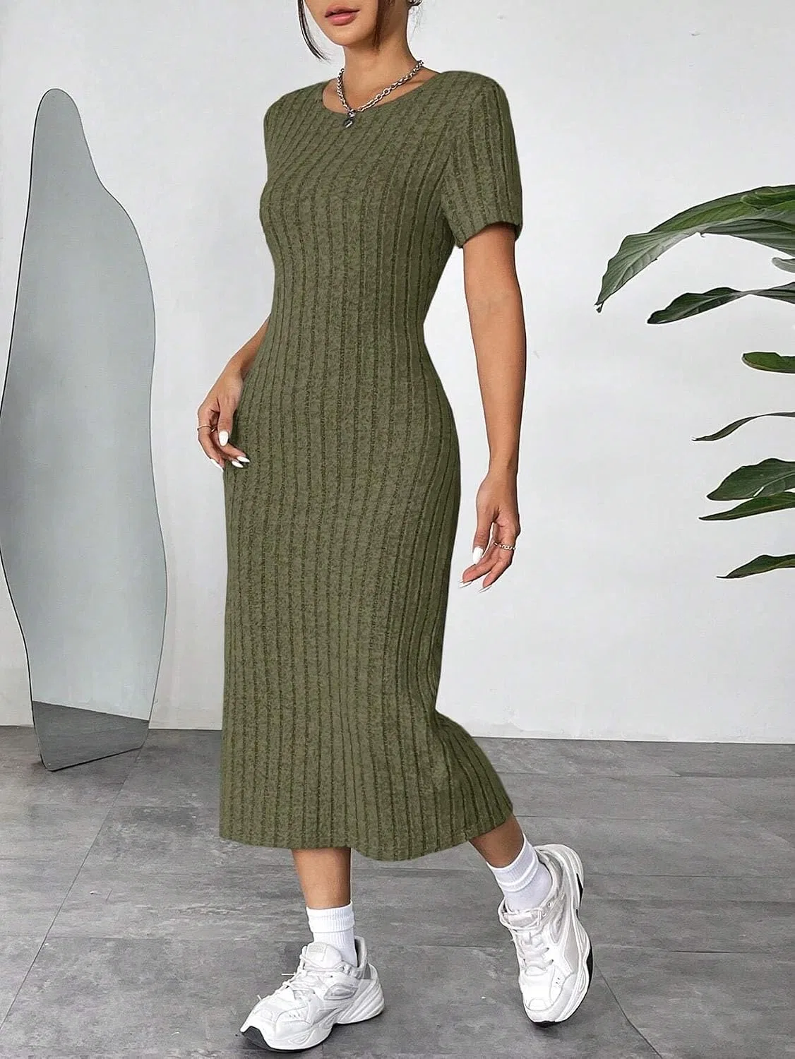 Женское повседневное трикотажное платье миди, Army Green — фото 4