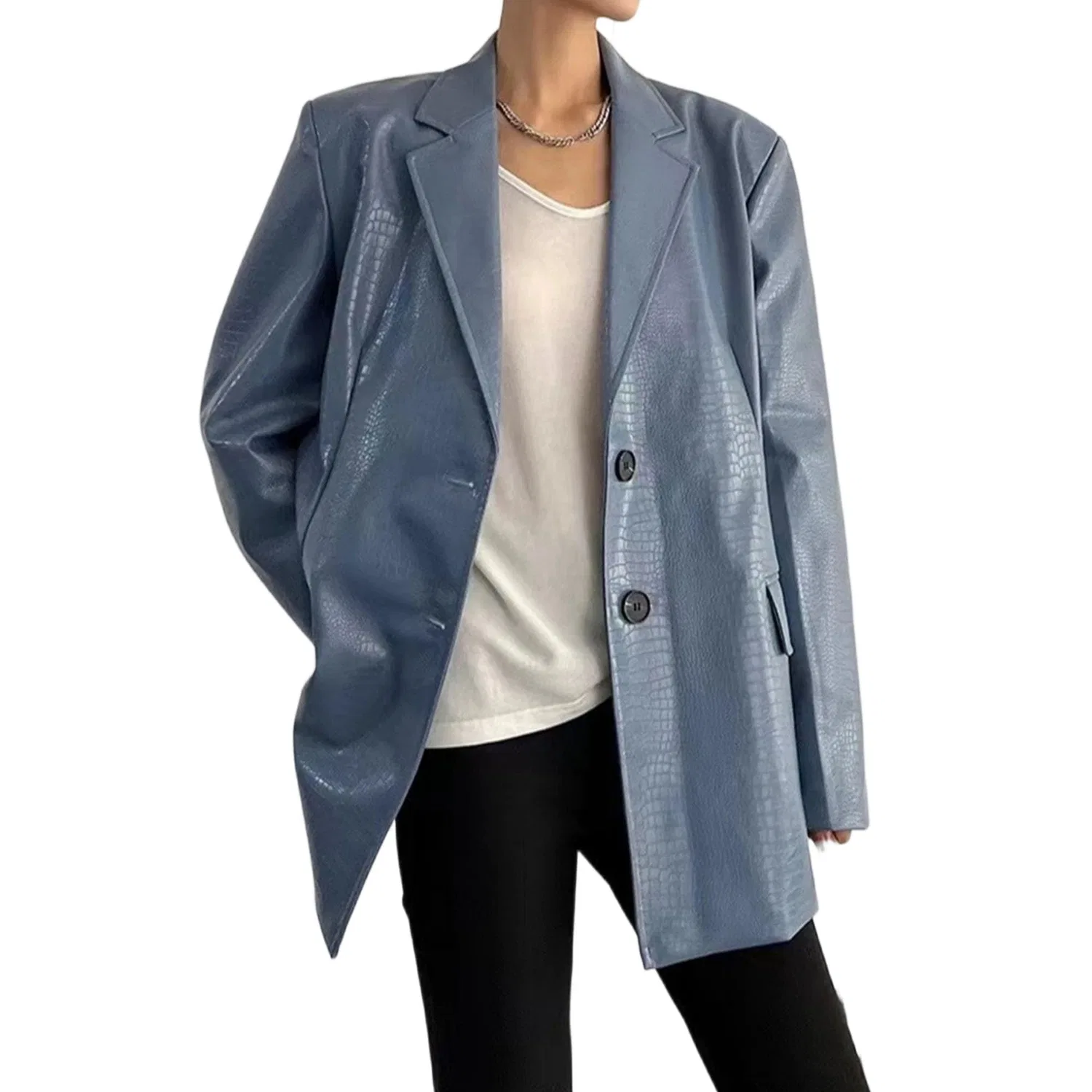 Женская куртка-косуха из экокожи oversize, Azzurro cielo