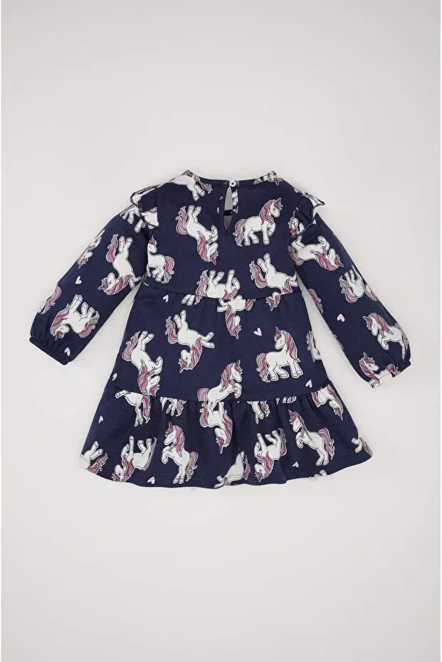 Детское платье-свитшот для девочек с принтом Unicorn Printed Long Sleeve Sweat Dress, Defacto, Navy Blue-Nv241 — фото 4