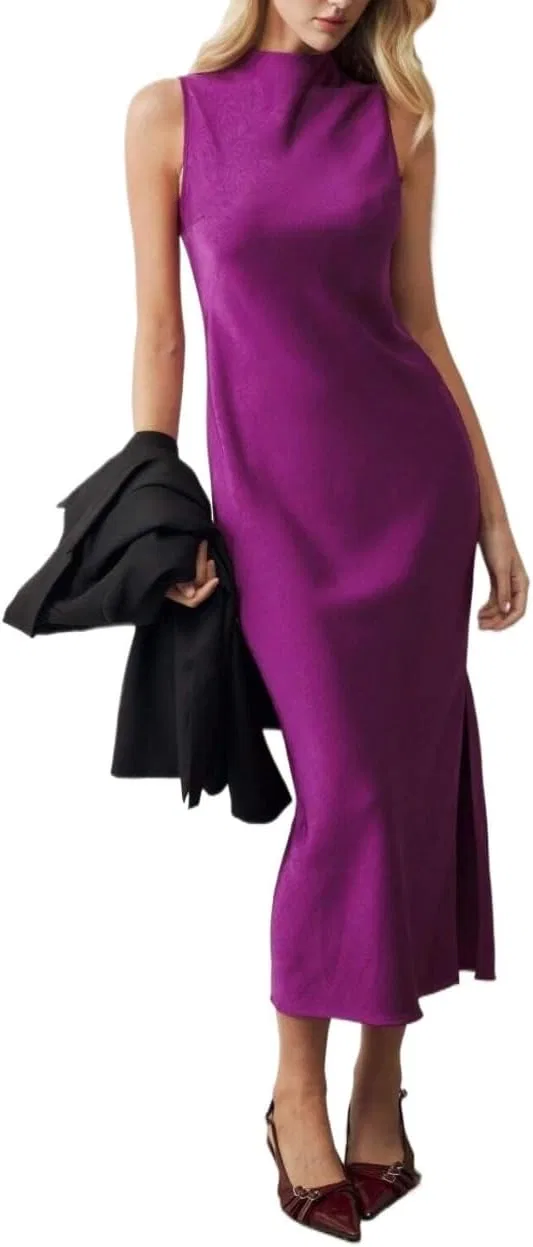 Женское облегающее платье миди с воротником-стойкой Bodycon, Purple