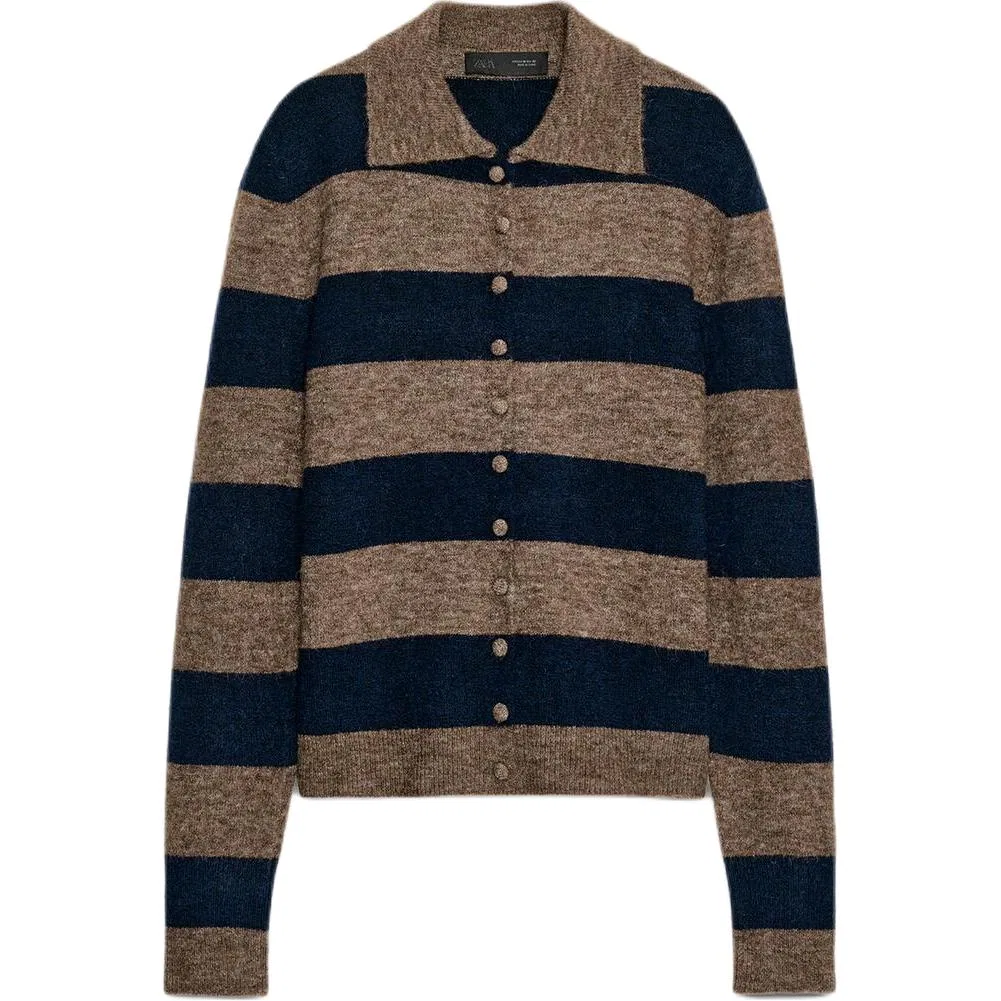 Женский вязаный кардиган с лацканами Brown Blue ZARA