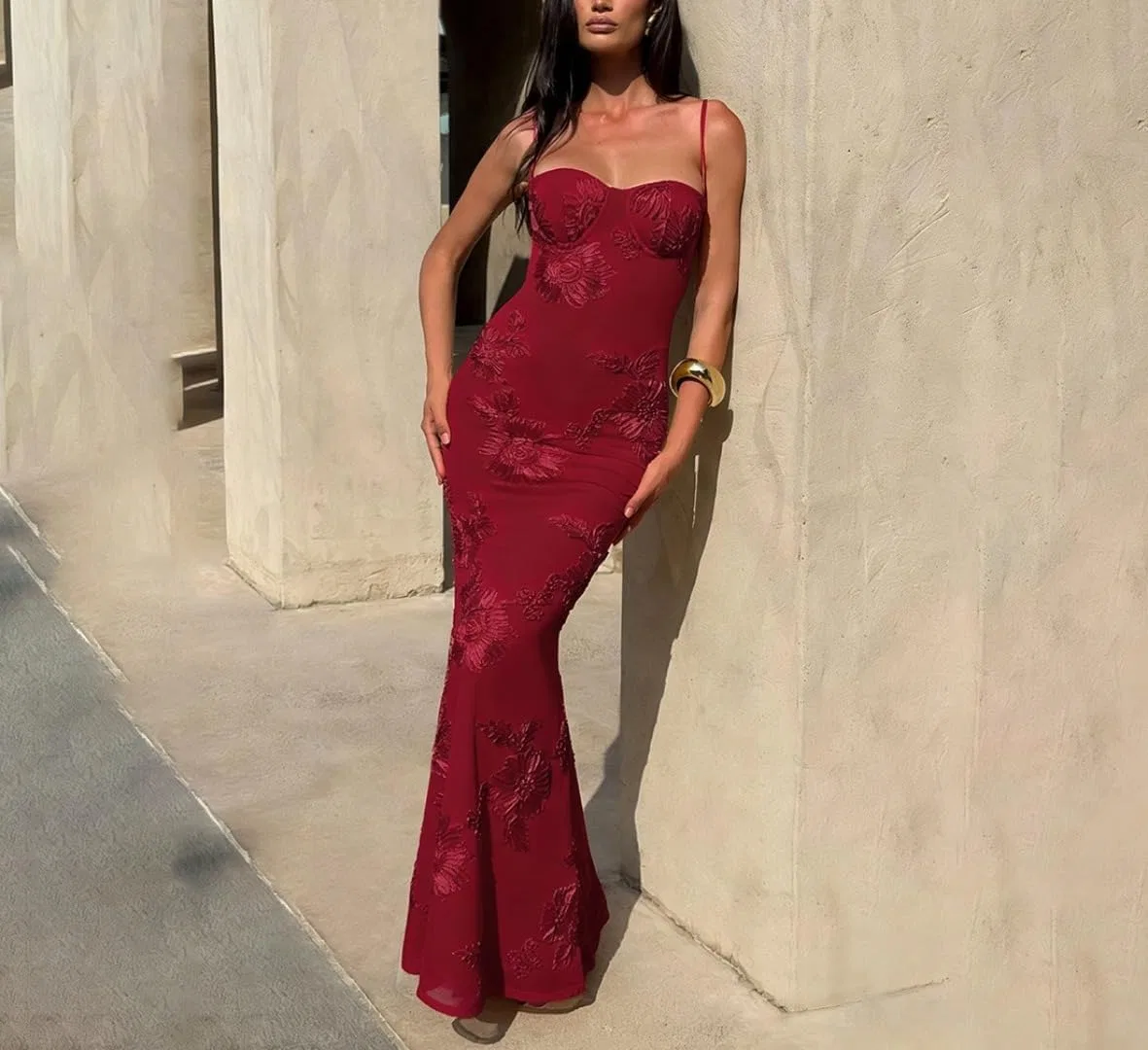 Женское облегающее платье с открытой спиной Halter Maxi, Burgundy — фото 3