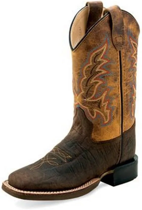 Детские ковбойские сапоги с широким квадратным носком Old West, Dark Brown Bullhide Print Foot/Burnt Brown Shaft