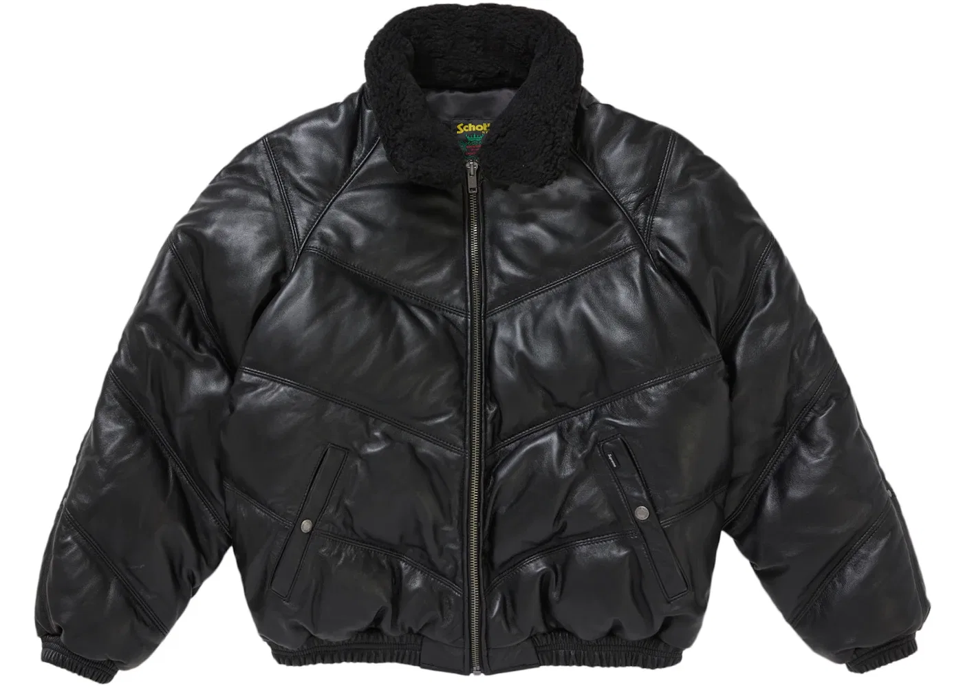 Мужская куртка-пуховик из кожи с шевронным узором Supreme Schott Chevron Leather Down Puffer Jacket, Black