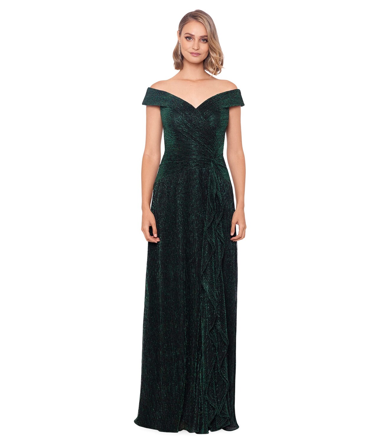 

Платье XSCAPE, Off-the-Shoulder Pleated Metallic Gown