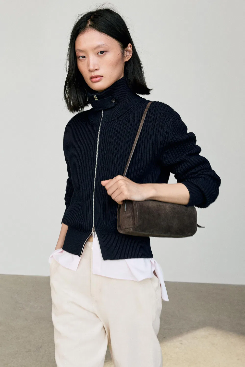 Кардиган Massimo Dutti 100% Cotton Knit With High Neck Detail, темно-синий