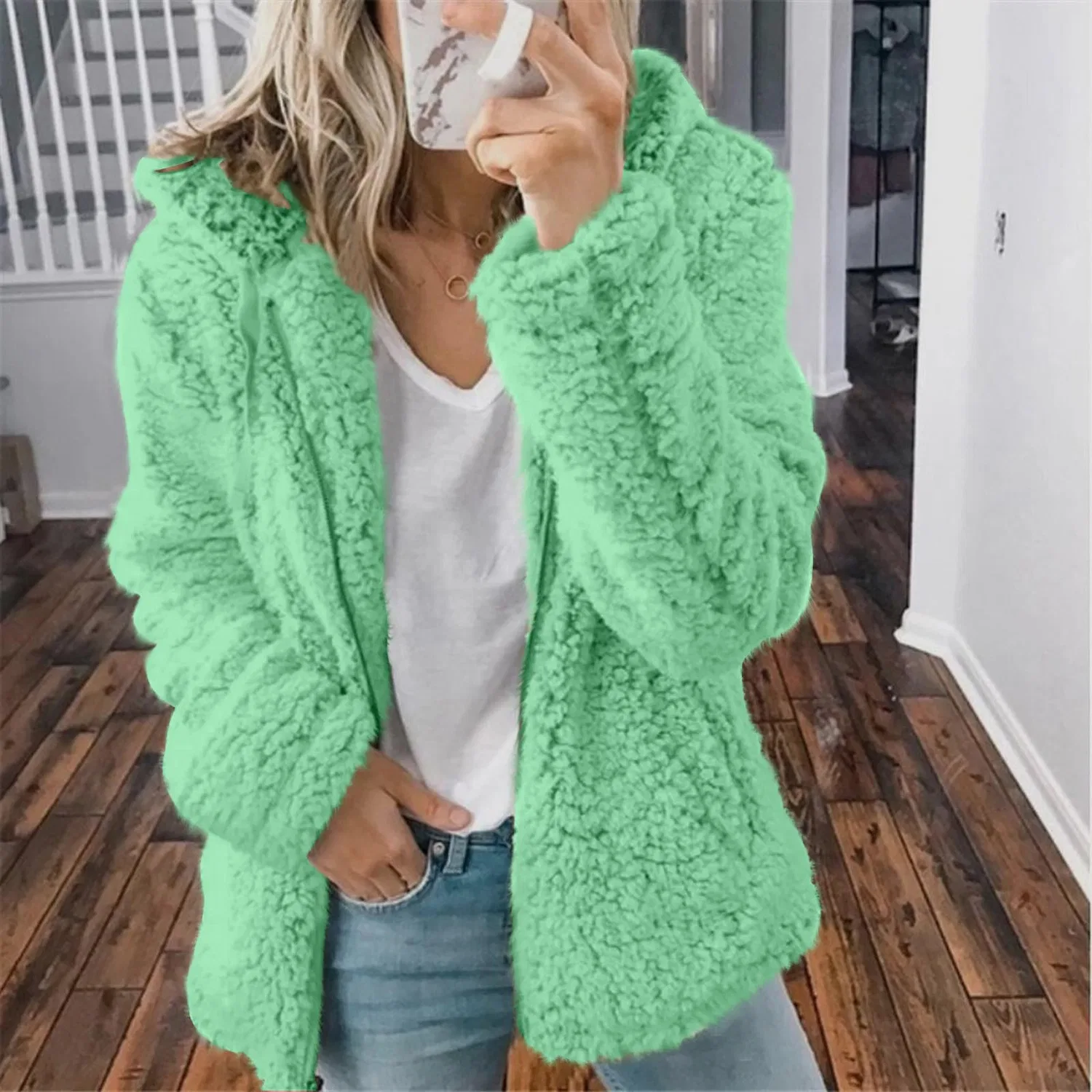 Женское короткое пальто без капюшона с флисовым воротником, Z01A-verde menta — фото 3