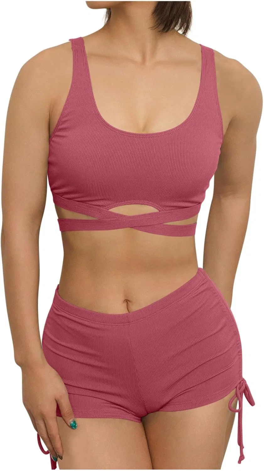 Женский бикини-сет с высокой талией Push Up, Hot Pink